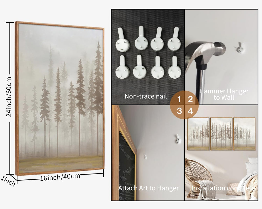 Large Pine Tree Framed Canvas Wall Art Set, Foggy Forest Landscape Wall Decor, Modern Beige Nature Artwork, Misty