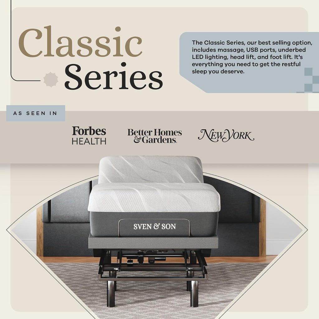 Classic Adjustable Bed Base, Head and Foot Lift, Massage, Under-Bed Lights, USB, Gel Memory, Zero Gravity Smart Frame