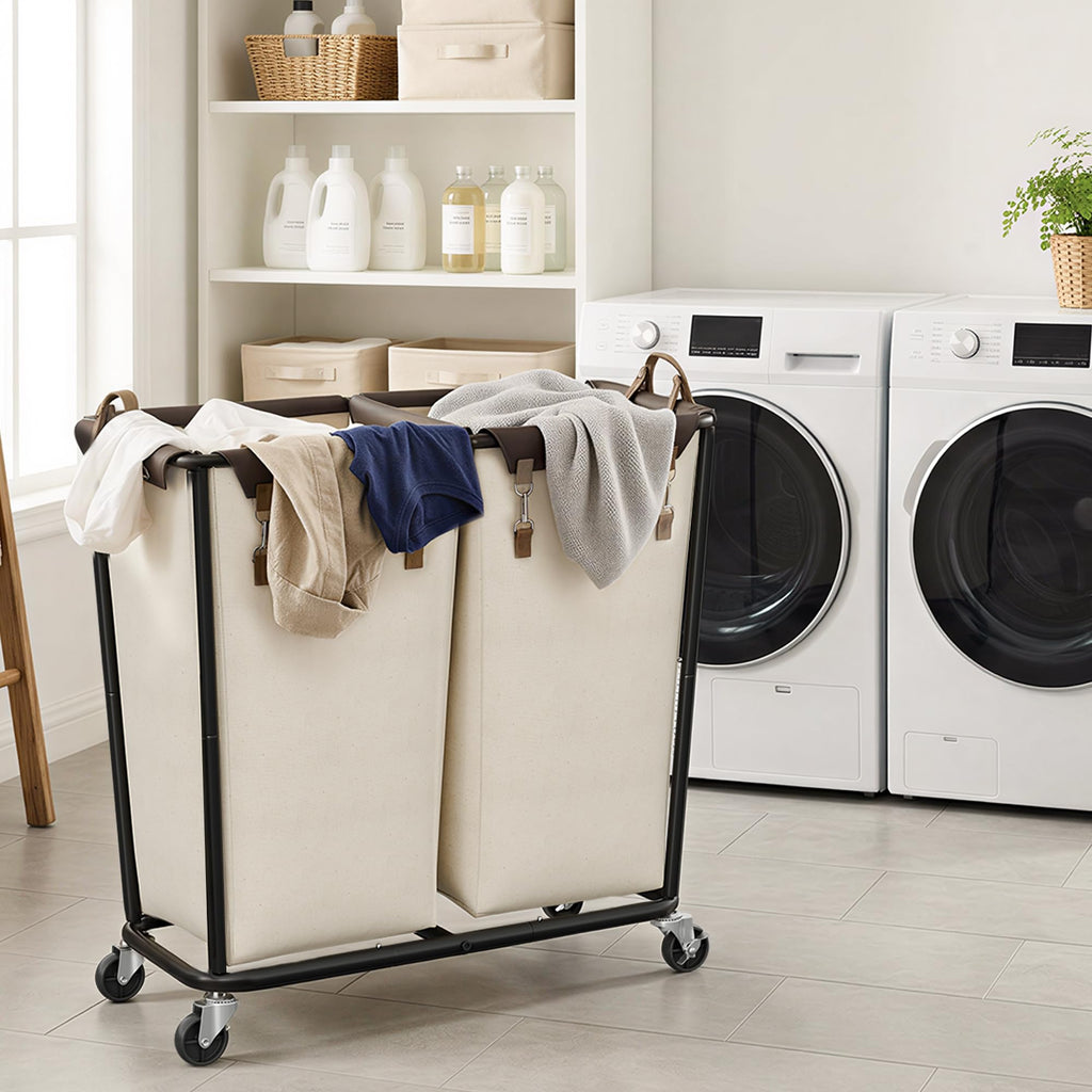 2 Section Laundry Hamper with Wheels, 280L Beige Sorter Cart