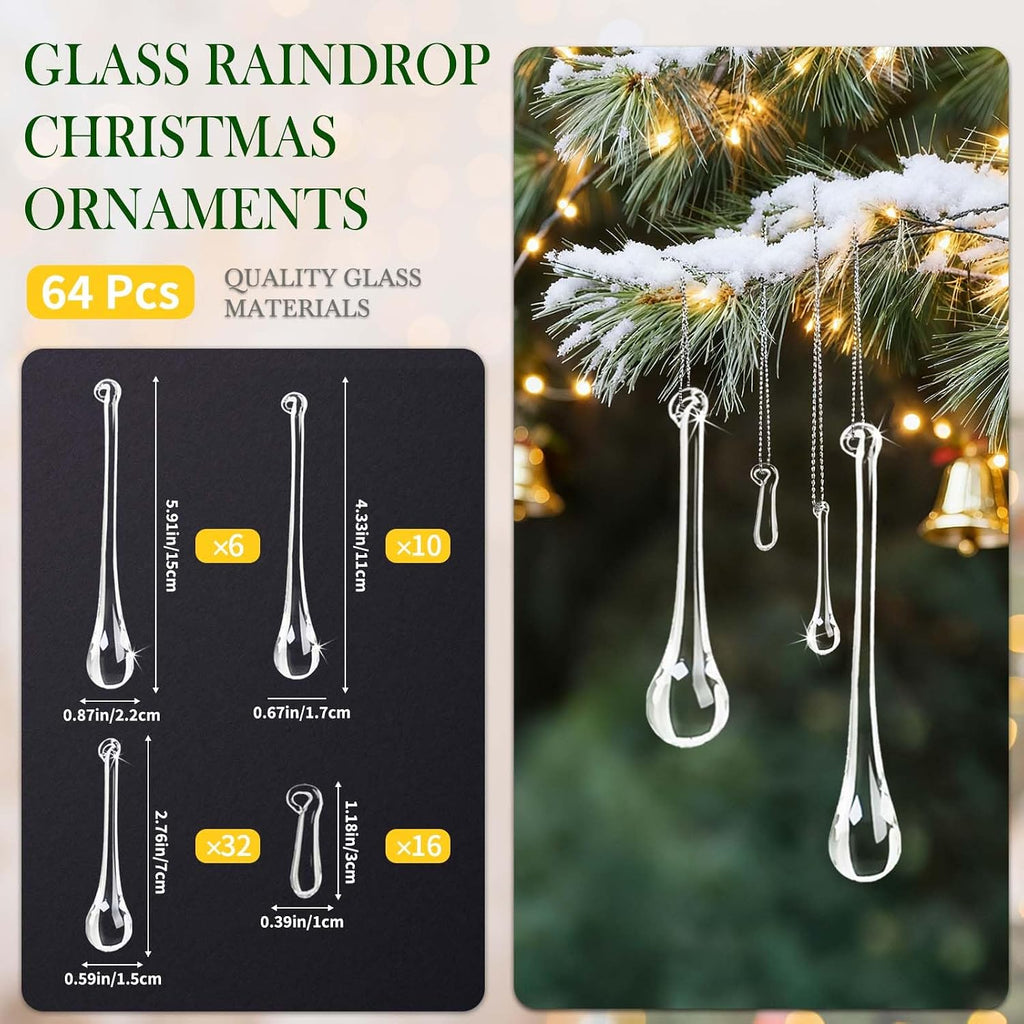 Handmade Glass Crystal Teardrop Christmas Ornaments, Clear Decor - Set of 64