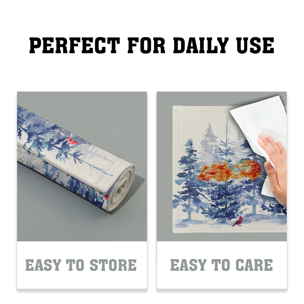 Winter Blue Pine Tree Placemats Set of 4,12 x 18 Inch Forest Xmas Red Bird Heat Resistant Place Mats Linen Table Mats