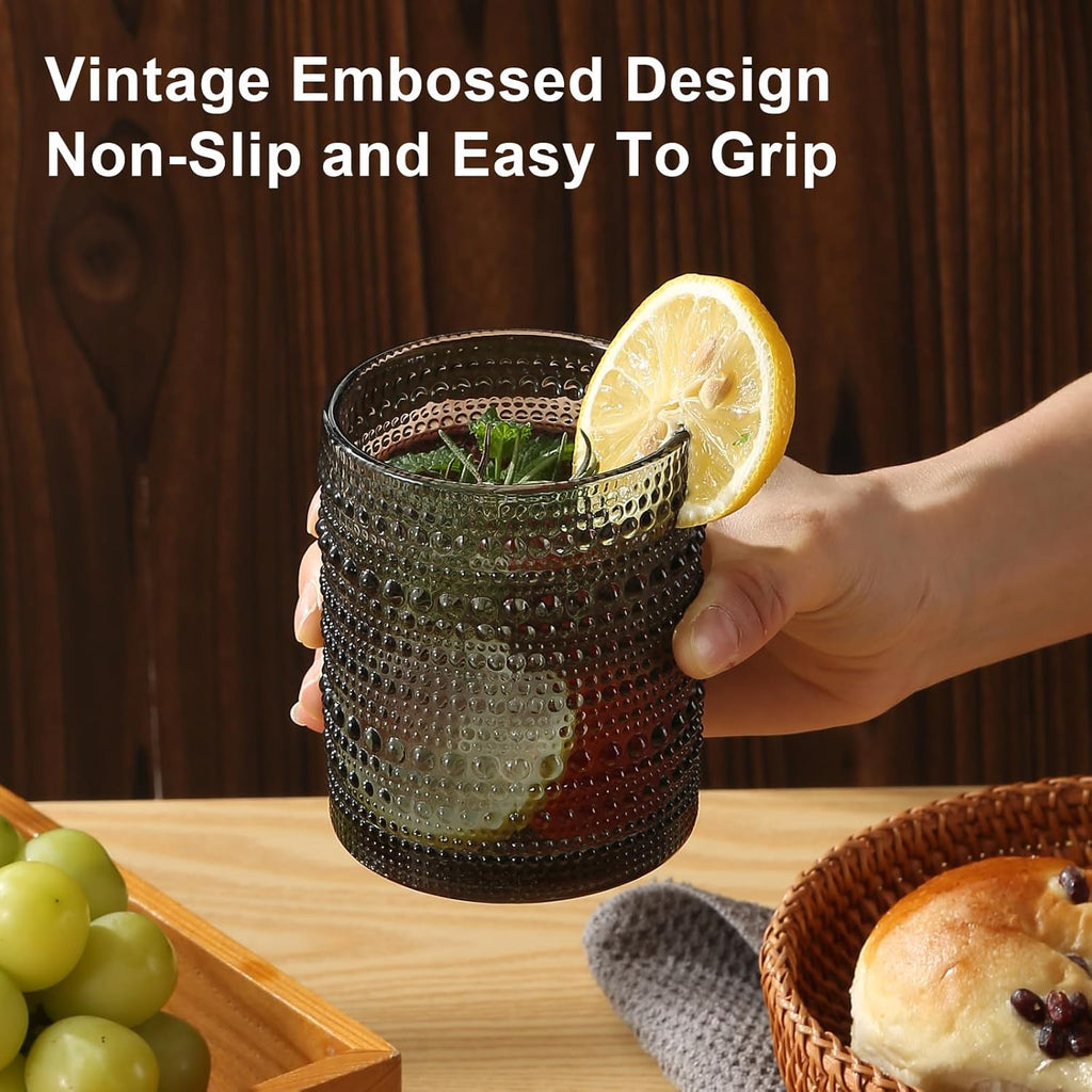 Vintage Hobnail Drinking Glasses Set of 8, Grey 12 oz & 15oz Highball Glass Cups, Kitchen Drinkware