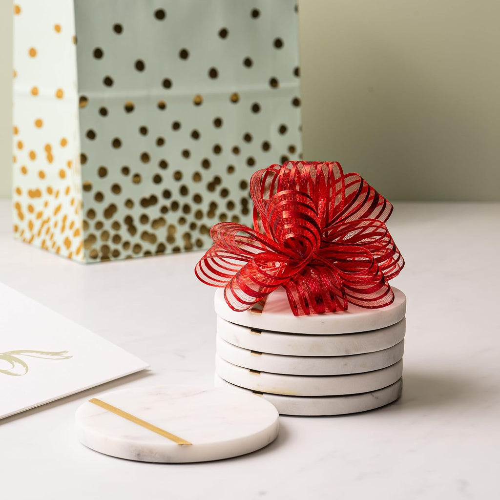 Marble Coasters with Gold Brass Inlay, White - Set of 6