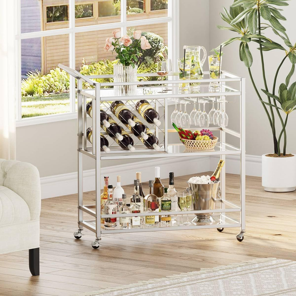 Bar Cart Silver, Bar Carts for The Home, Home Bar Serving Carts for Liquor, Rolling Wine Cart with 3 Tier Mirrored