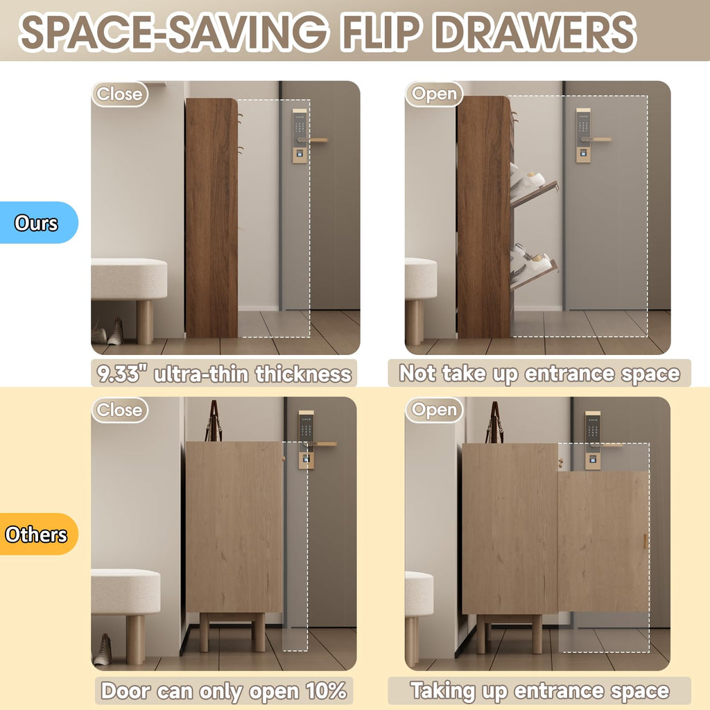 Rattan Shoe Storage Cabinet with 2 Flip Drawers & 2 Drawers, Freestanding Organizer for Front Door Entrance, Hidden