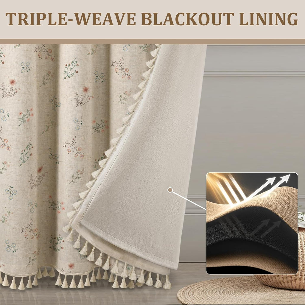 Boho Floral 100% Blackout Curtains for Bedroom 84 Inch Length 2 Panels Set, Linen Texture Farmhouse Curtains Beige