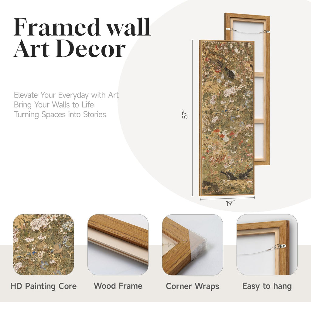 Framed Vintage Long Narrow Chinoiserie Wall Art, 60x20 Inch
