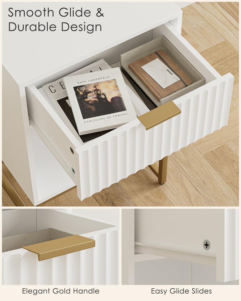 White Nightstand, Fluted Night Stand, Wood Bedside Table with Storage Drawer, Modern Side End Table, White