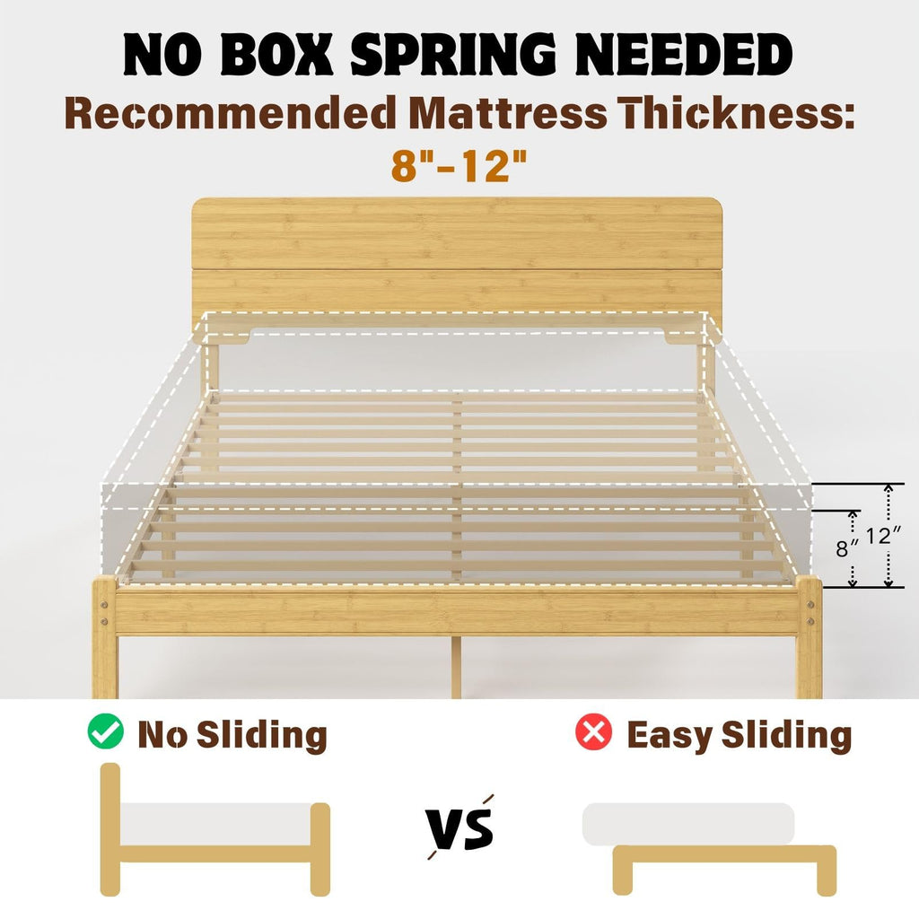 14 Inch Solid Bamboo Wood King Size Bed Frame with Headboard, Platform Bed Frame King with Metal Slats, No Box Spring