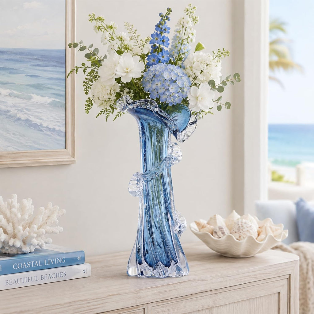 Blue Clear Wave Vases Gradient, Murano Hand Blown Glass Vase Unique Art Decorative, for Ocean Themed Coastal Home