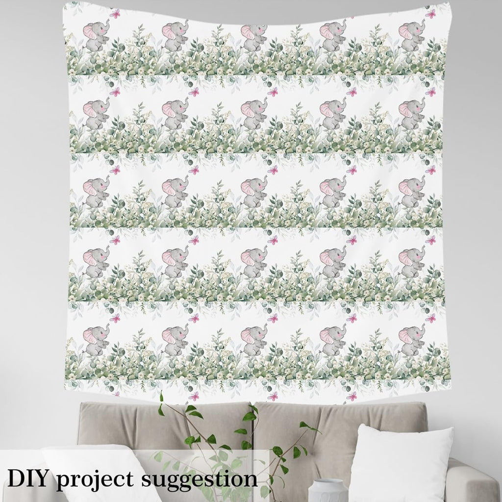 Kawaii Elephant Decorative Fabric by the Yard, Cartoon Elephant Upholstery Fabric, Pink Butterfly Fabric by the