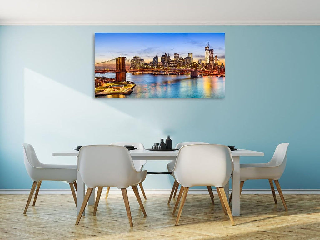 New York City Skyline Canvas Wall Art-Brooklyn Bridge at Sunset Panoramic Picture, Modern Manhattan Cityscape