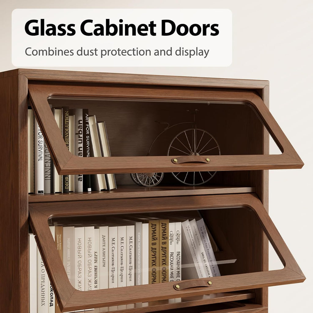 Solid Wood Storage Cabinet with Glass Doors, 3 Shelf Small Storage Cabinet, Mid Century Modern Bookcase, Kitchen