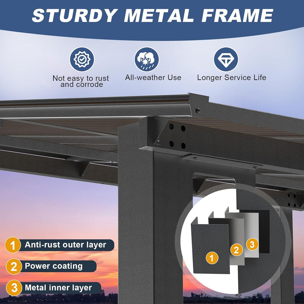 12' x 14' Wall-Mounted Lean-to Gazebo, Aluminum Pergola with Polycarbonate Roof & Solar Light – Black