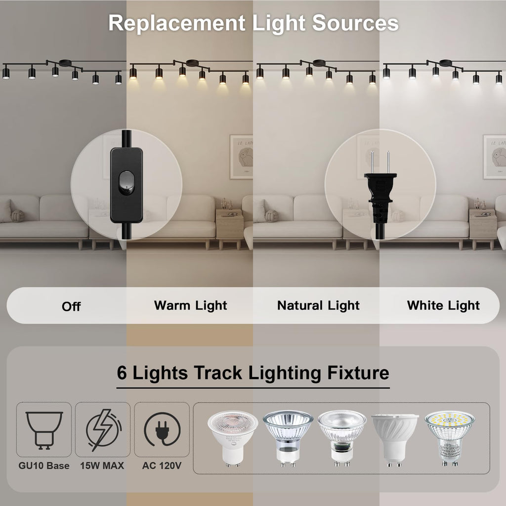 Plug in Track Lighting LED, Track Lighting Fixtures Ceiling, Black 6-Light Kitchen Light Kit, Plug in Wall Light