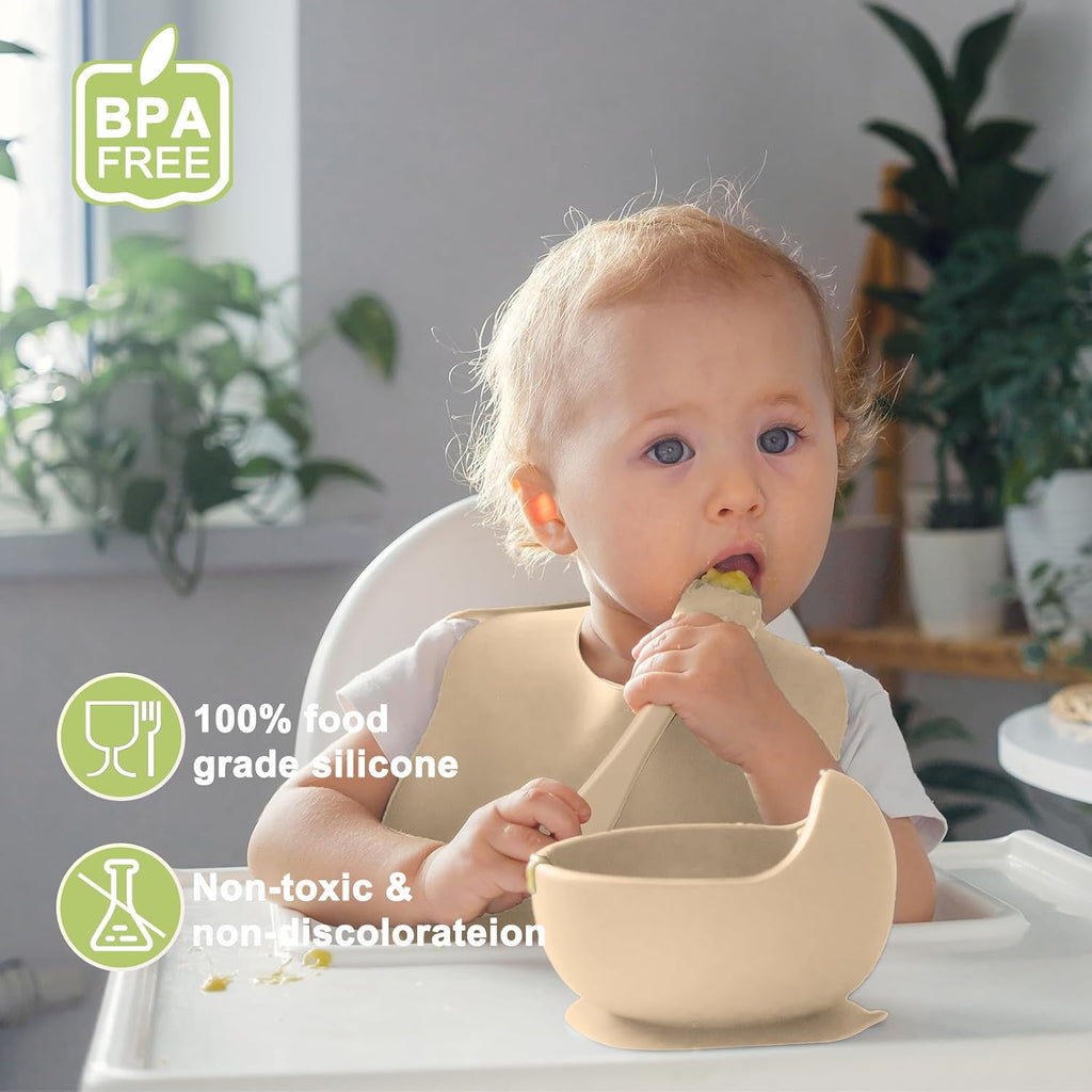 Feeding Set | Baby Led Weaning Supplies Includes Suction Bowls and Divided Plates, Adjustable Bib, Baby Utensils