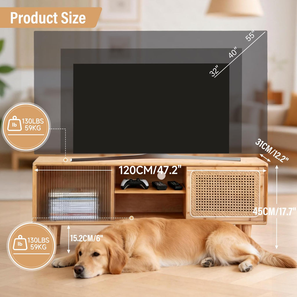 Rattan TV Stand for 55 Inch TV, Bamboo Cabinet with Storage, Wood
