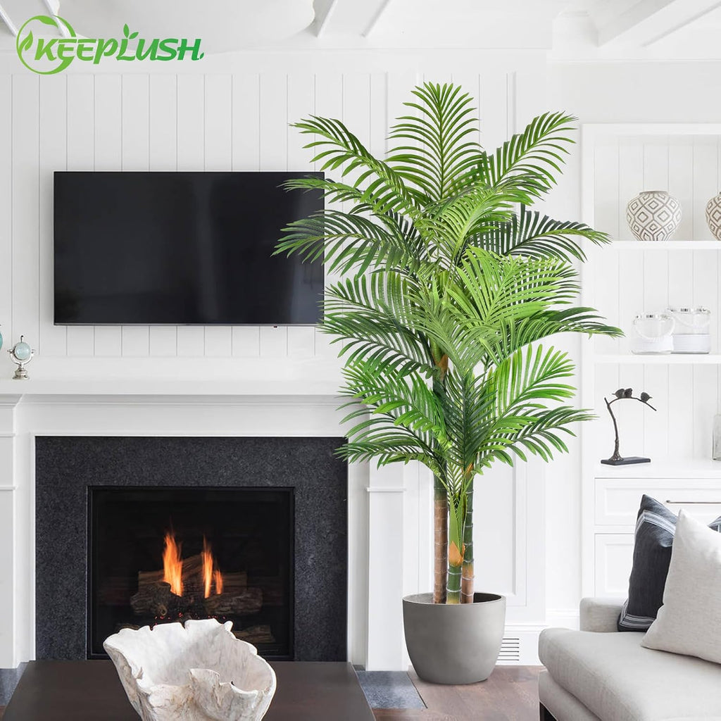 6ft Tall Triple Golden Cane Palm Artificial Tree Large Tropical Palm Tree UV Resistant Fake Plant in Pot Outdoor Big