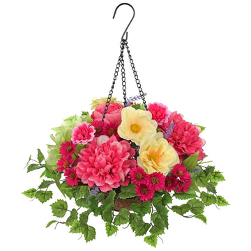 Artificial Hanging Basket Flowers with Chain Hook, Fake Hanging Flowers with Silk Roses & Daisies, Faux Flowers