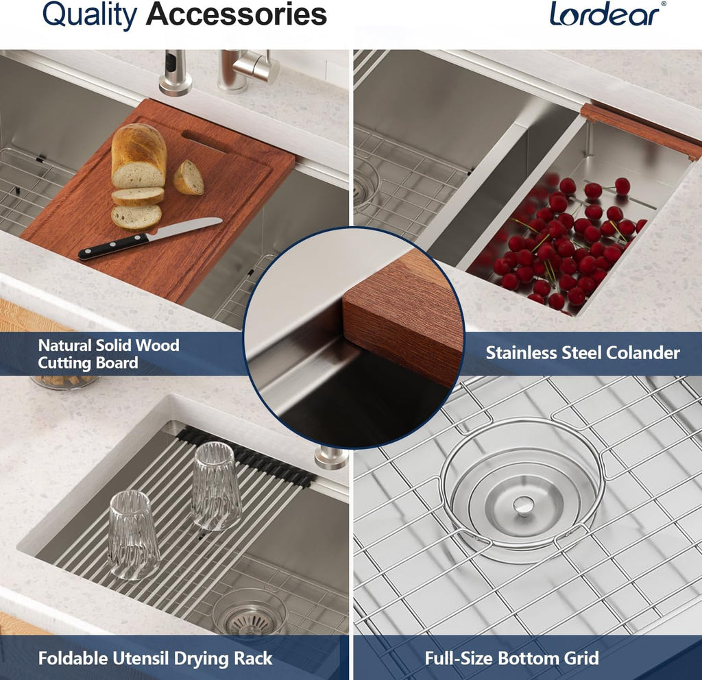Undermount Double Kitchen Sink 32 Inch 16 Gauge Undermount Workstation 60/40 Double Bowl Sink Stainless Steel with