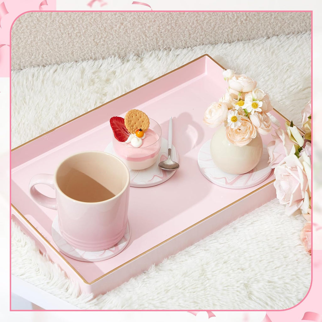 Pink Serving Tray and Coaster Set Contains 1 Pink Rectangular Tray with Handles-15.7 x 10.2 Inch, and 6 Marble Style - Set of 7
