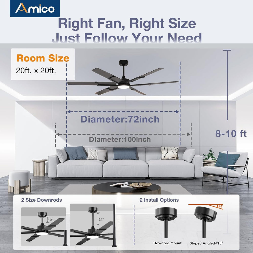 Ceiling Fans with Lights and Remote, 72 Inch Black Indoor/Outdoor Ceiling Fan with 6 Speed, Reversible DC Motor, 3CCT