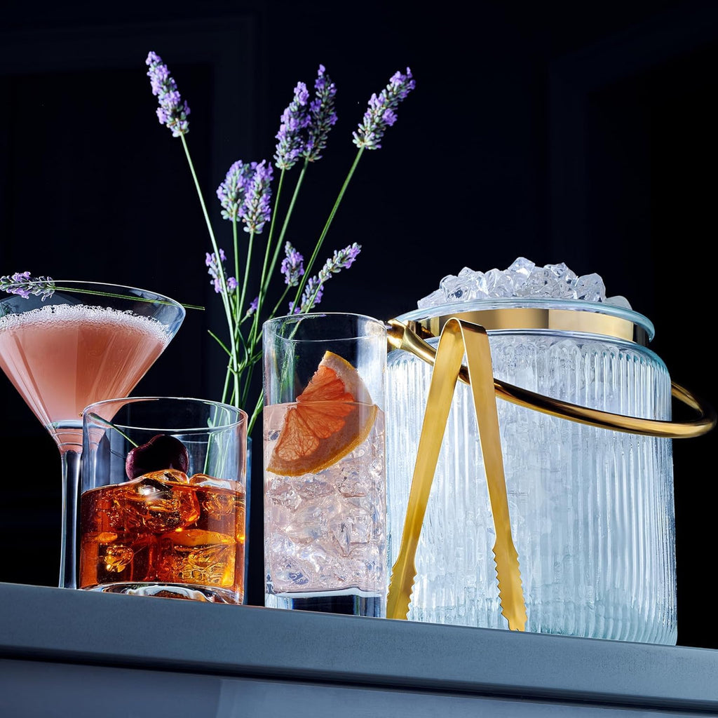 Glass Ice Bucket with Airtight Lid, Tong Scooper and Handle - 3L Ribbed Beverage Tub Cocktail Home Bar Accessories