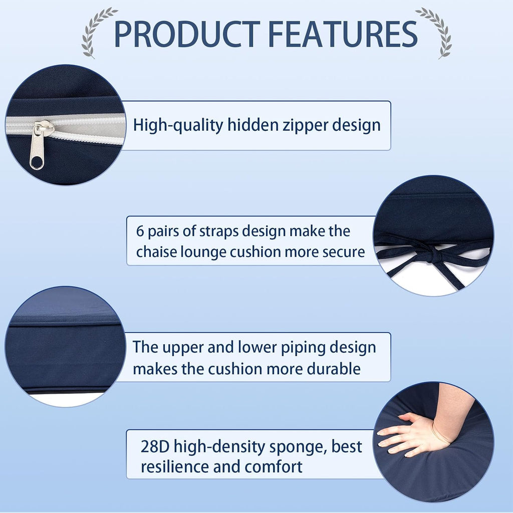 Outdoor Chaise Lounge Cushions Set of 2, Waterproof Fade Resistant Patio Lounger Cushion with Removable Cover