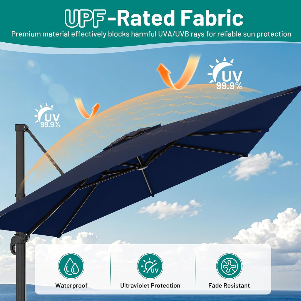 10 X 10FT Cantilever Patio Umbrella, 360-Degree Rotation Square Hanging Offset Umbrella with Crank