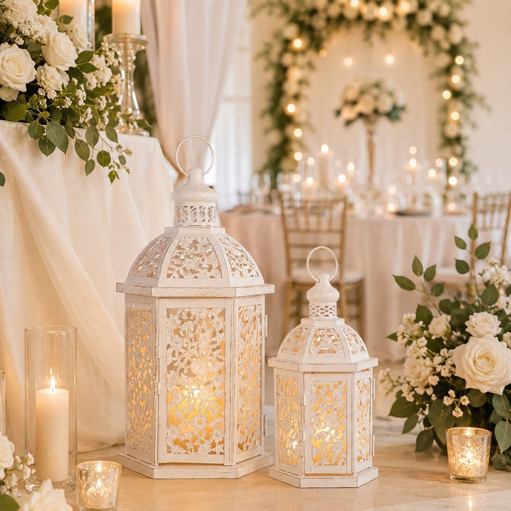 Lanterns Decorative Outdoor&Indoor, Set of 2 (15"&7") White Metal Lantern Decor, Candle Holder for Porch, Patio