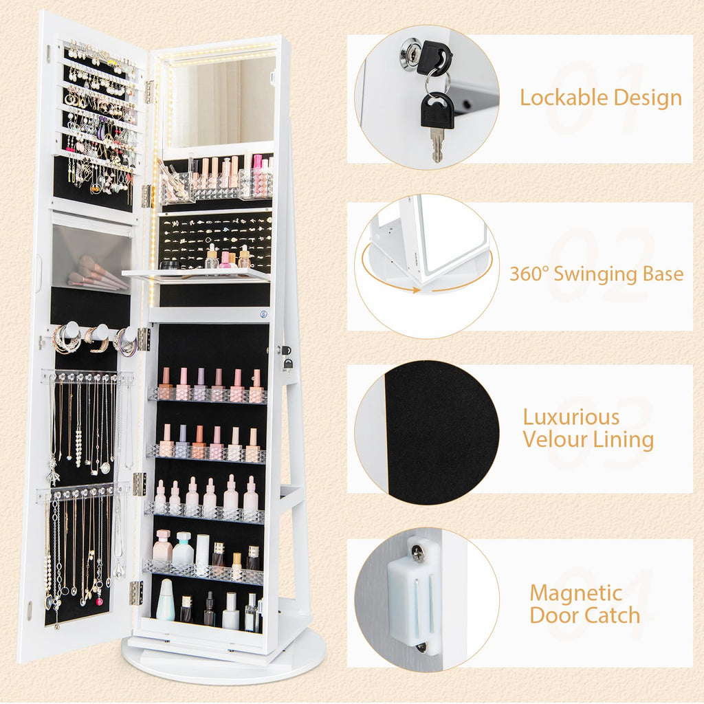 360° Swivel Jewelry Cabinet Armoire with Full Length Mirror, Standing Jewelry Storage Organizer with Rear Storage