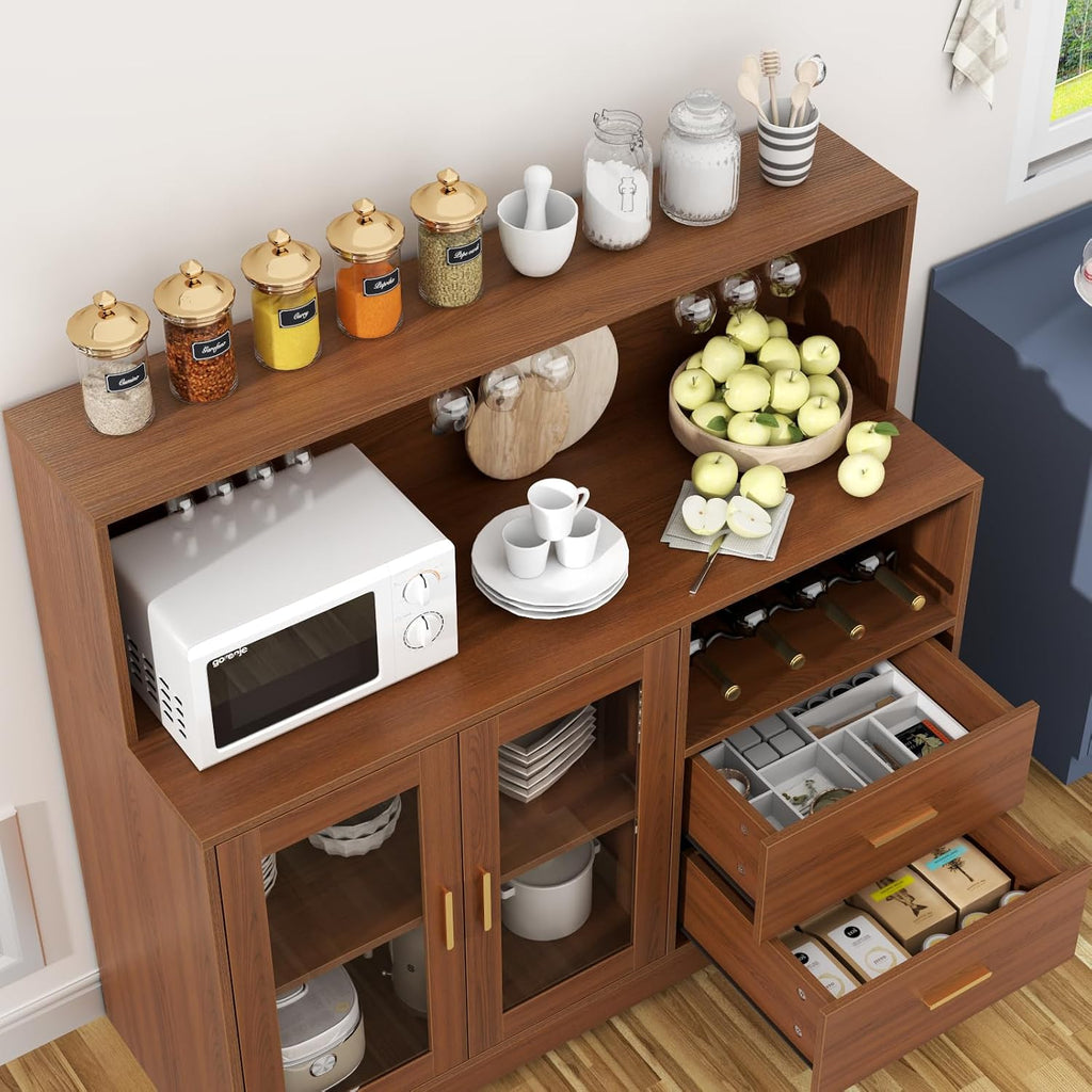 Bar Cabinet with LED Light,Coffee Bar Cabinet w/ Wine & Glass Rack | Kitchen Buffet Sideboard with Storage