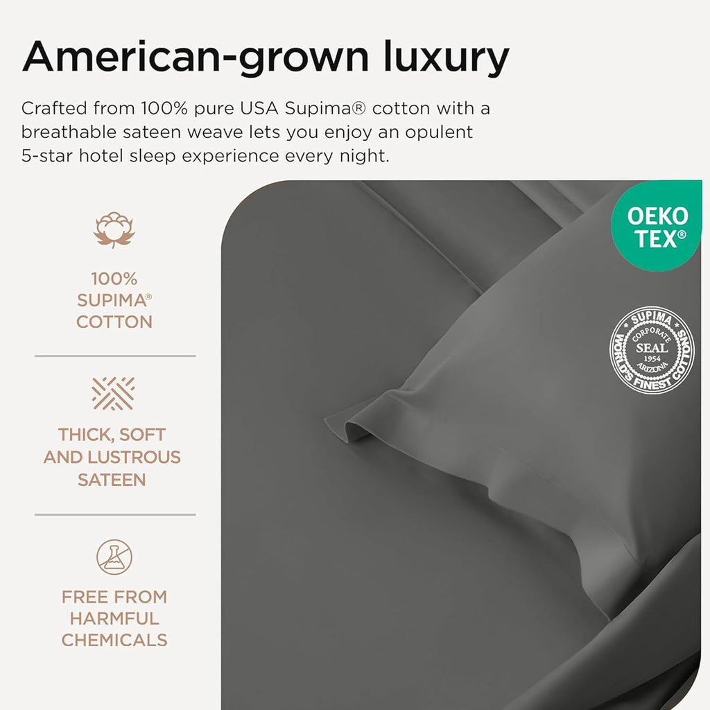 Luxury 100% Supima Cotton Sheets, Luxury 1200 Thread Count Cotton Sheets for Queen Bed, 4 Pc Dark Grey Bed Sheets