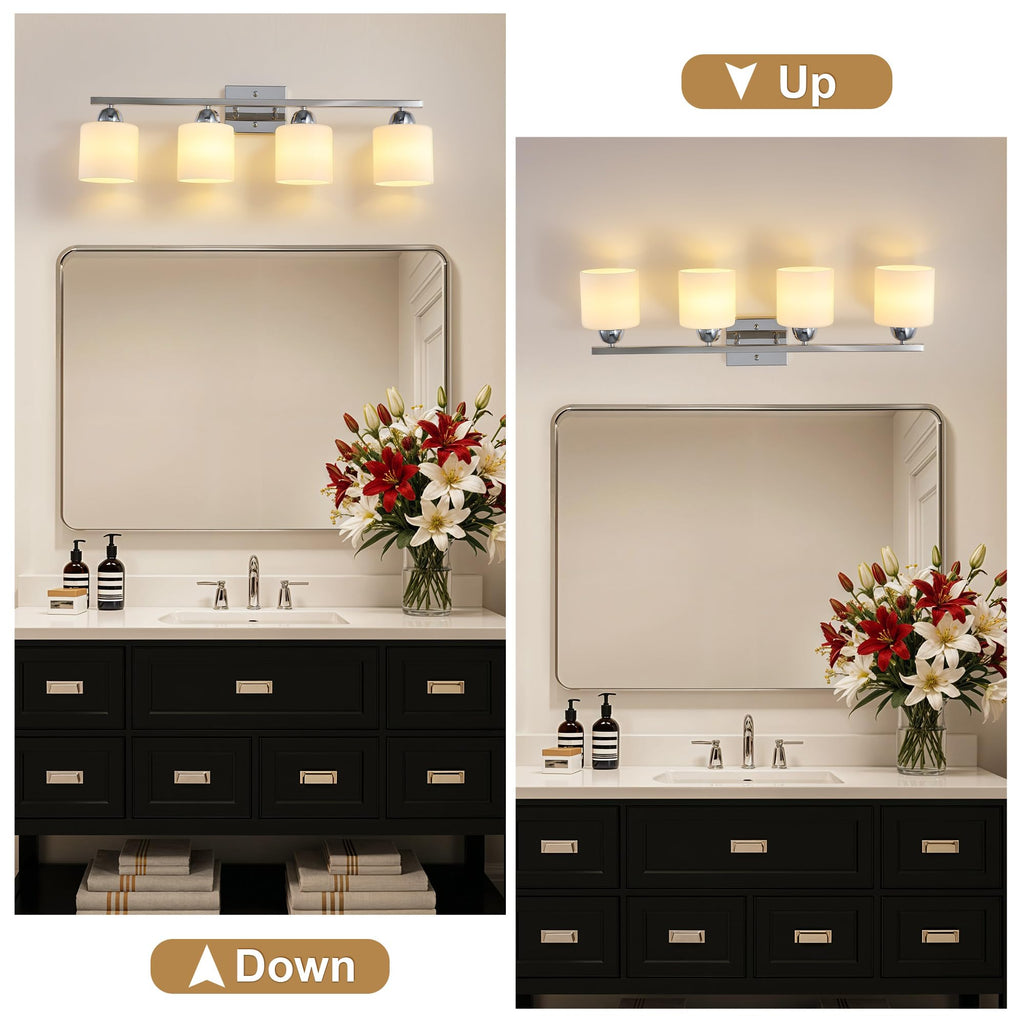 Stainless Steel Milk Glass Vanity Lights, 4 Light Chrome Bathroom Light Fixtures Over Mirror, Ceramic E26 Sockets