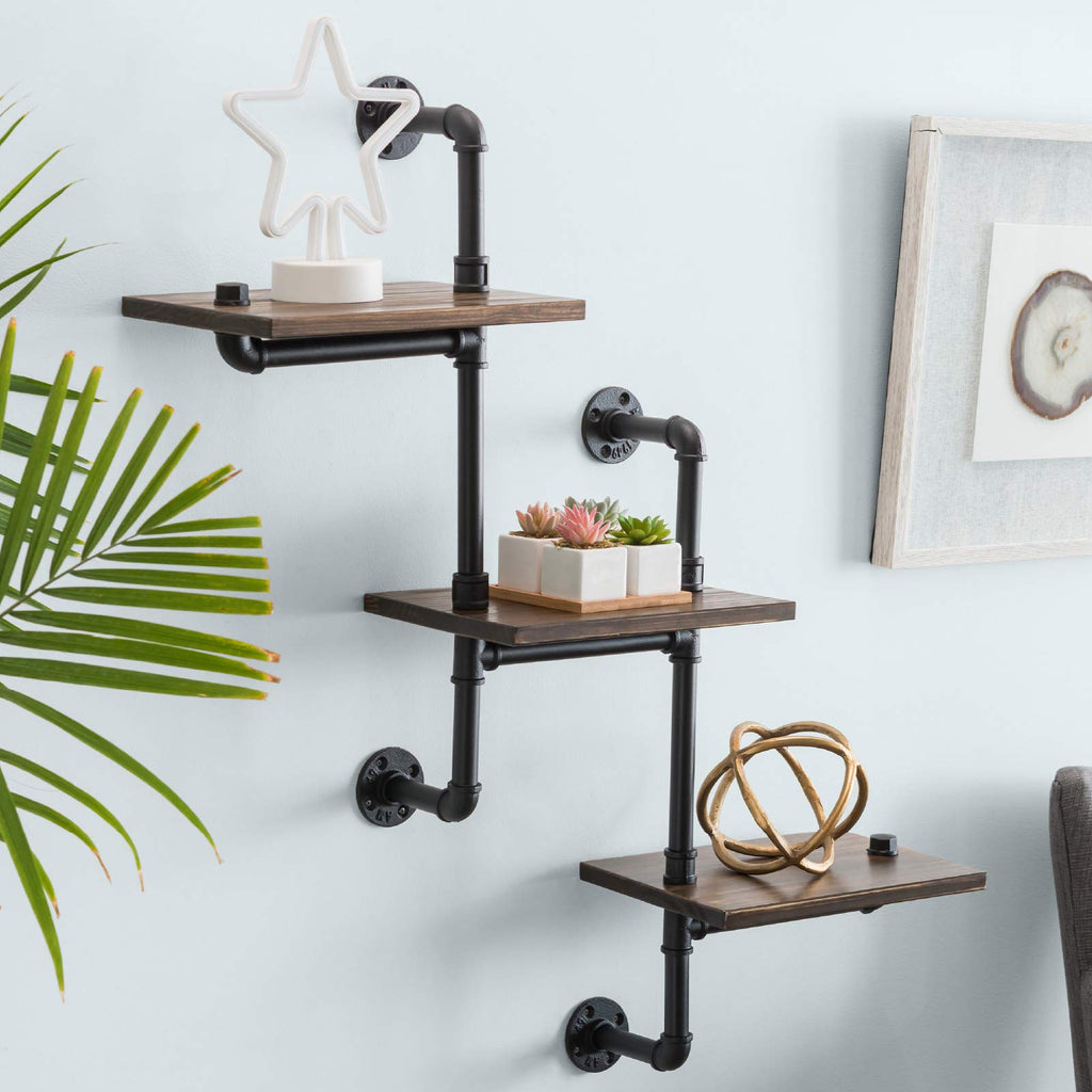 3-Tier Wooden Wall Ladder Floating Rustic Shelf 35"x40" With Iron Black Pipe Hardware