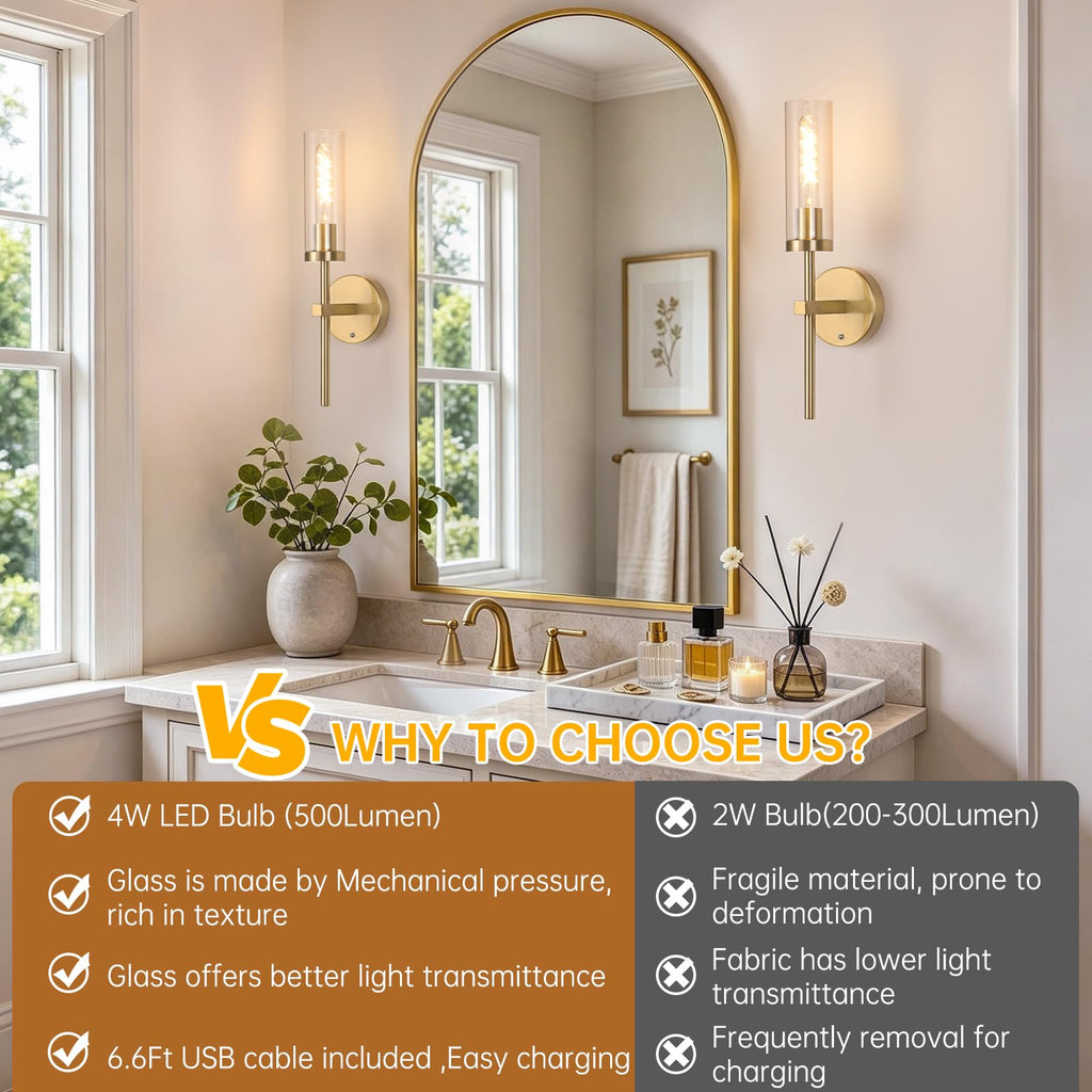 Set of 2 Battery Operated Wall Sconce with 3 Color Temperatures & Remote Control, Gold Rechargeable Dimmable Wall