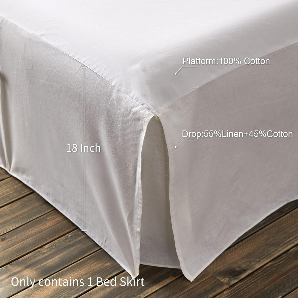French Linen Bed Skirt Split Corner with Button 18-Inch Tailored Drop Natural Flax Cotton Blend Basic Dust Ruffle