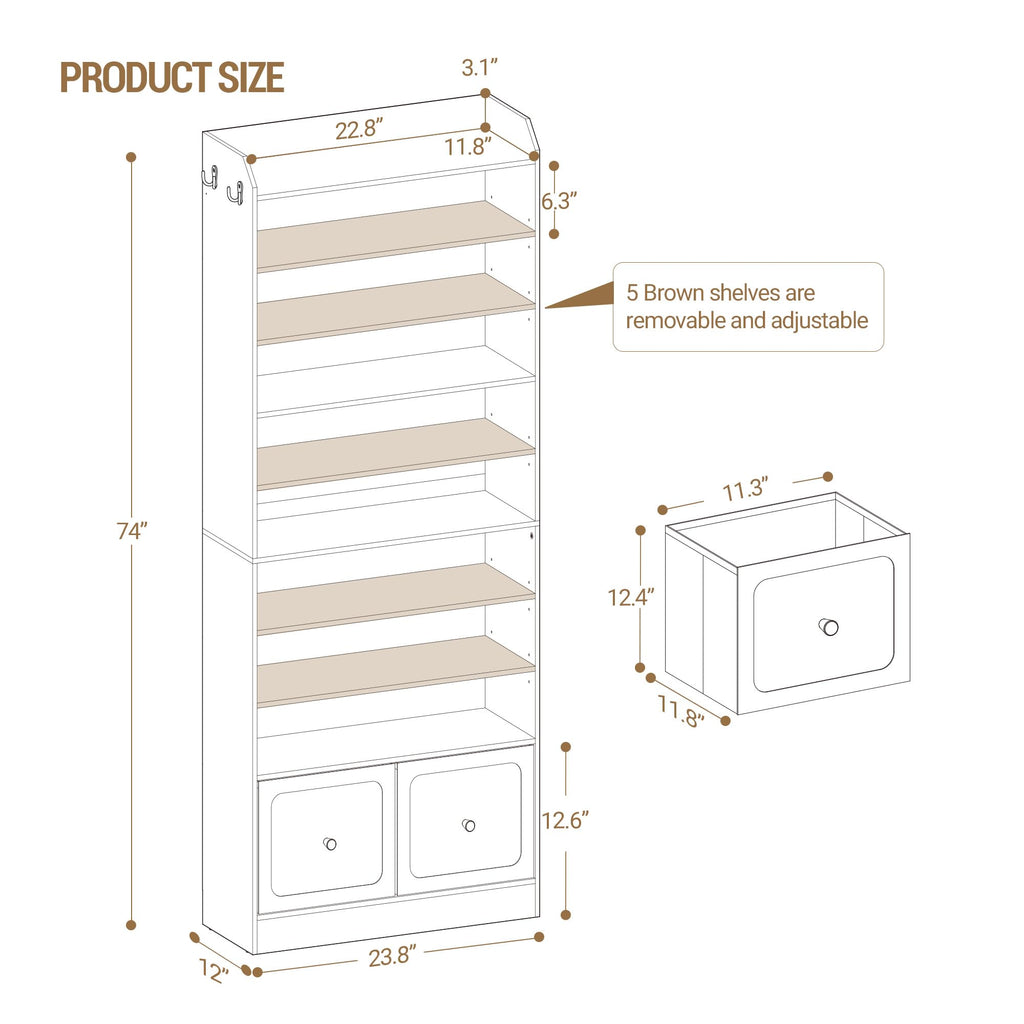 Shoe Storage Cabinet, 10 Tiers Shoe Cabinet with 2 Cloth Drawers, Wooden Freestanding Shoes Organizer with 2 Hooks