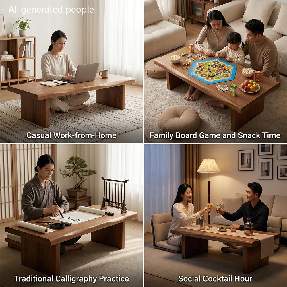 Japanese Dining Table, Solid Wood Japanese Floor Table with Live Edge, Simple and Modern Low Design, Bay Window