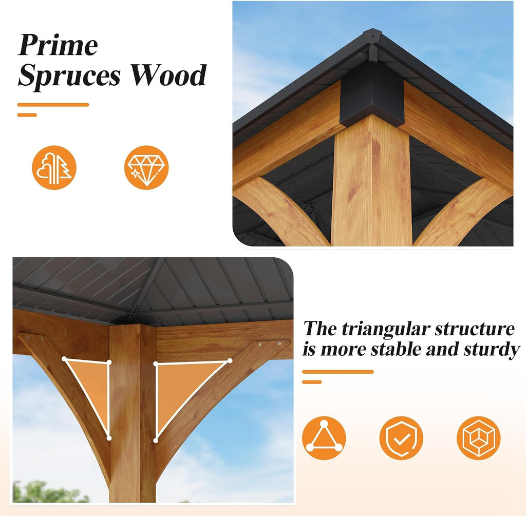 11'x 13' Outdoor Spruce Wood Gazebo - Patio Hardtop Gazebo Permanent Wooden Pavilion with 2 Shelves