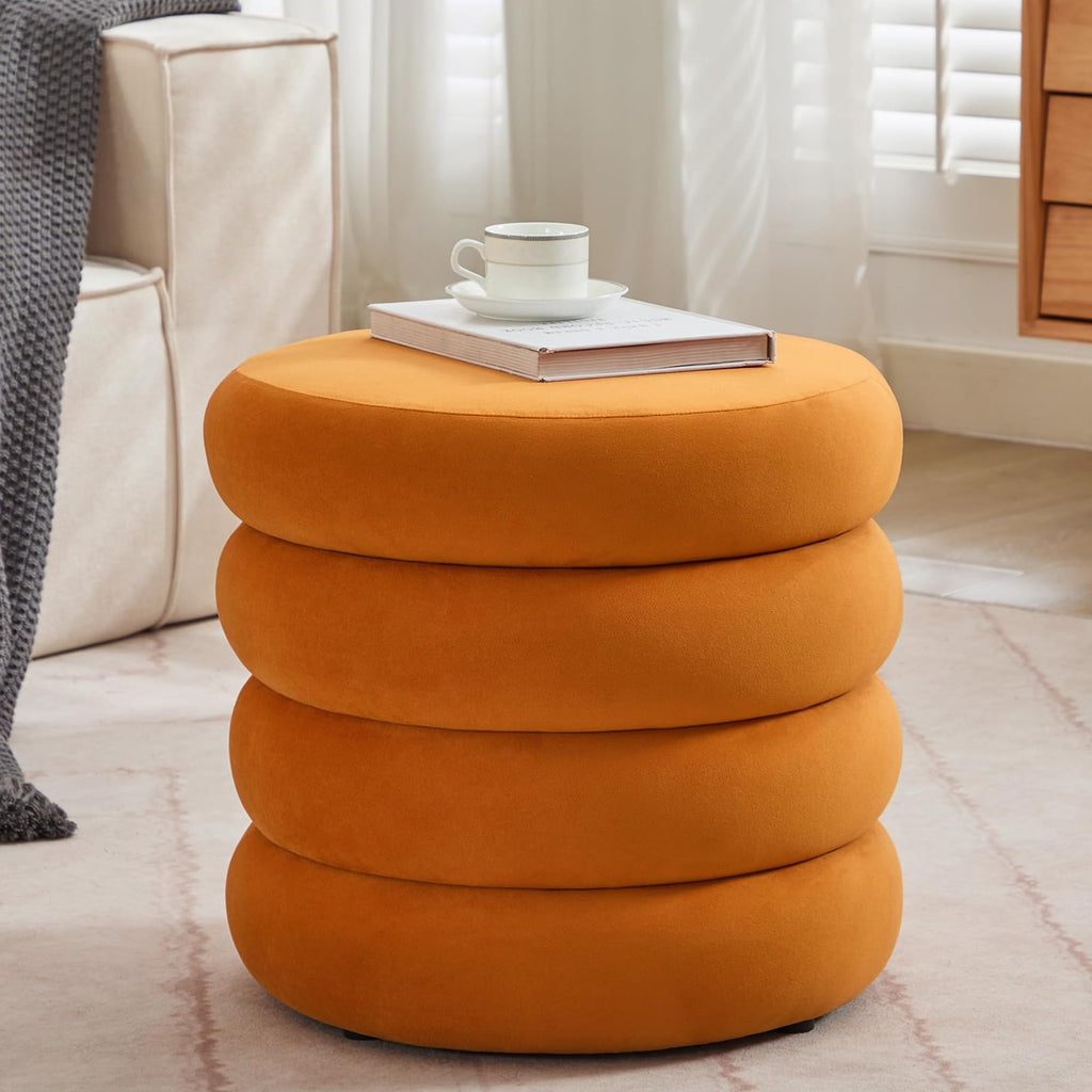 Round Storage Ottoman, 19.5" Small Ottomans Pouf with Removable Lid, Velvet Fabric Soft Footrest Stool for Couch