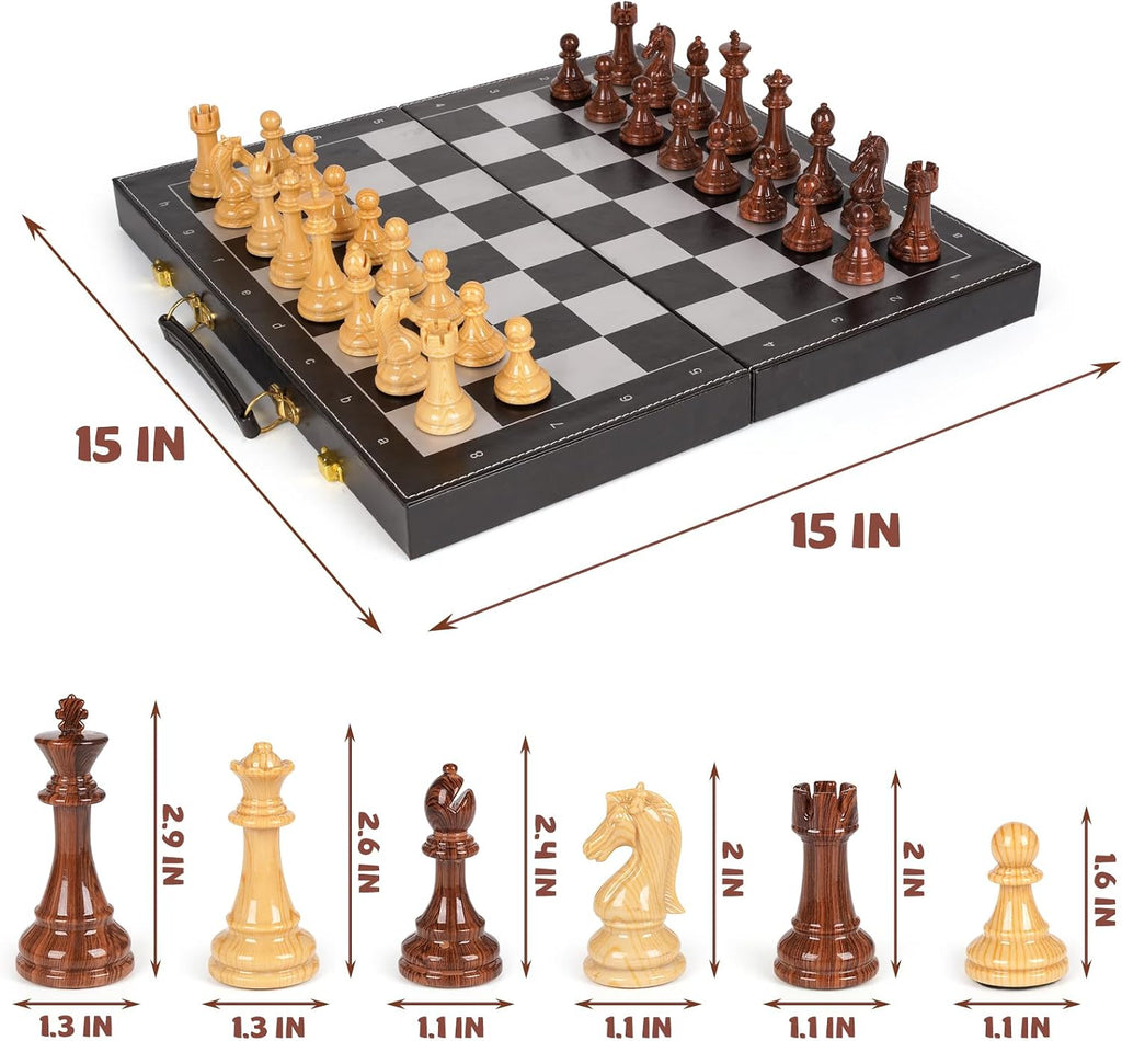 3 in 1 Magnetic Chess Set & Checkers Backgammon Board Game Set, 15" Wooden Folding Chess Board, Tournament Portable
