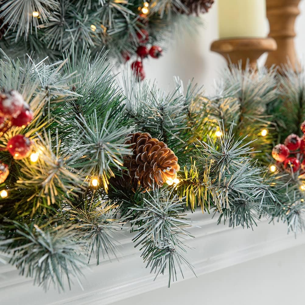 With Lights, Prelit Greenery Garland Pine Cones and Red Berries Christmas Garland for Mantle, Pine Garland with 50