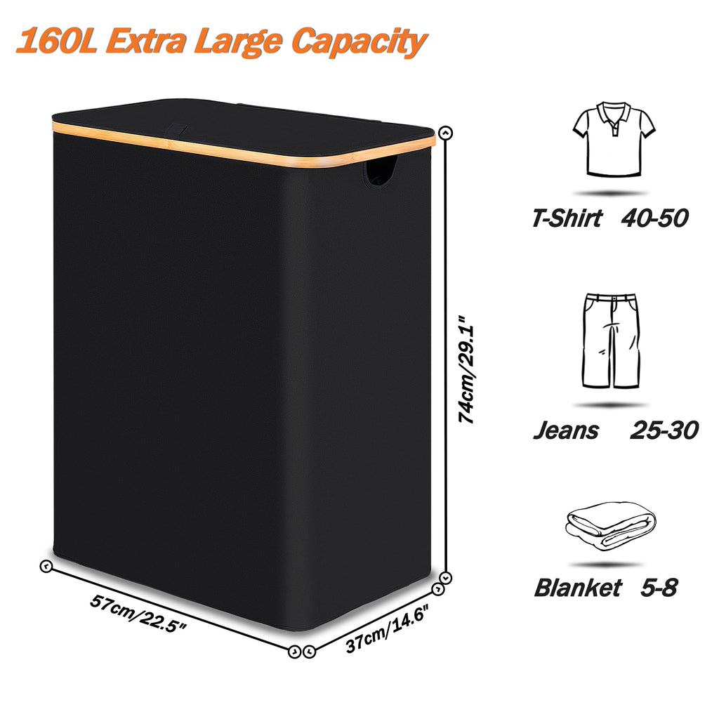 Laundry Hamper 3 Section with lid and 3 Removable Bags, Black