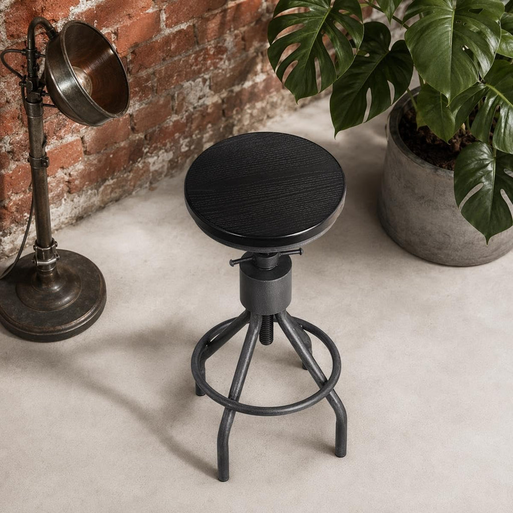 Set 2 Industrial Bar Stool-Vintage Adjustable Round Wood Metal Swivel Stools-23-30 Inch Tall Counter Bar Height