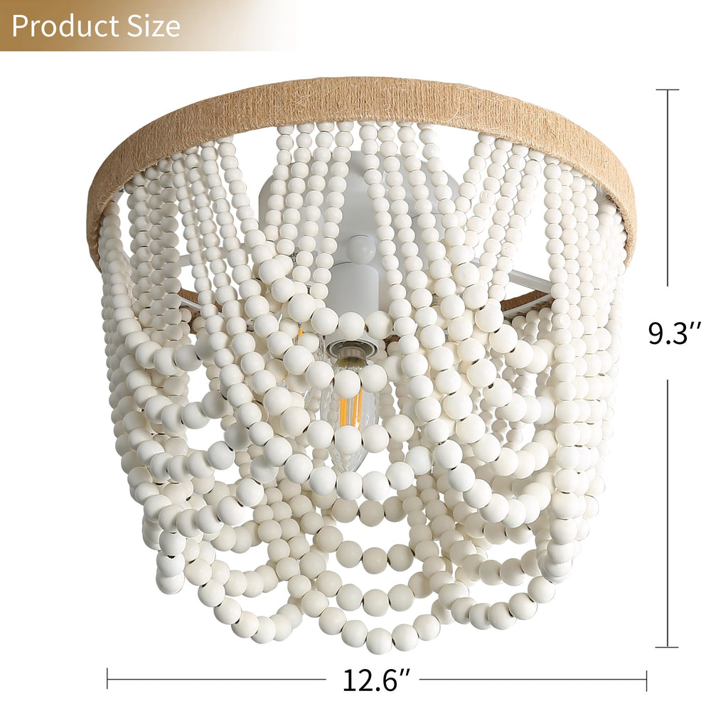 Bohemian Wood Beaded Ceiling Lamp 3-Light, White Beads