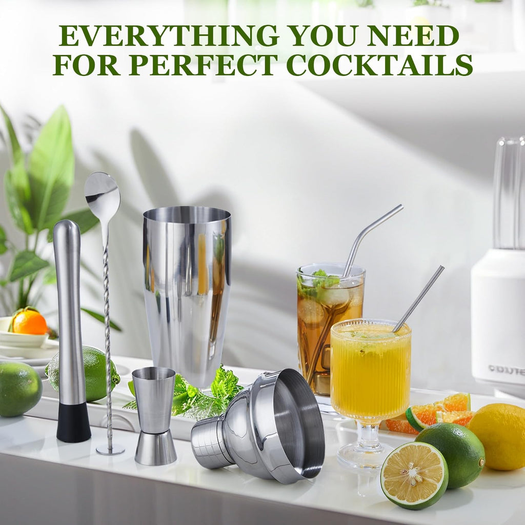 Cocktail Shaker Set, Bartender Kit with Stand 25oz Sliver - Set of 23