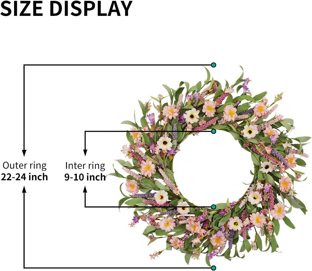 24 Inch Spring Summer Wreath for Front Door, Artificial Daisy & Lavender Flower Wreath with Eucalyptus Greenery