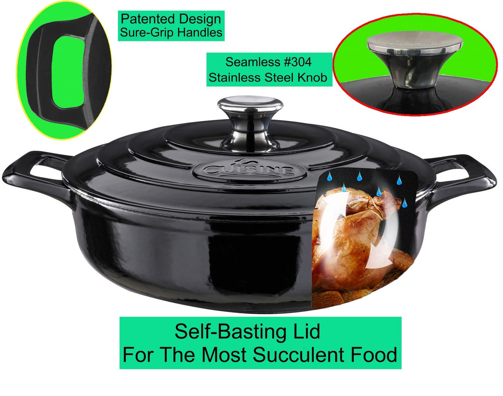 La Cuisine Enameled Cast Iron Braiser Sauté Pan Shallow Dutch Oven with Lid Internal Matt Black Enamel Coating 3.75