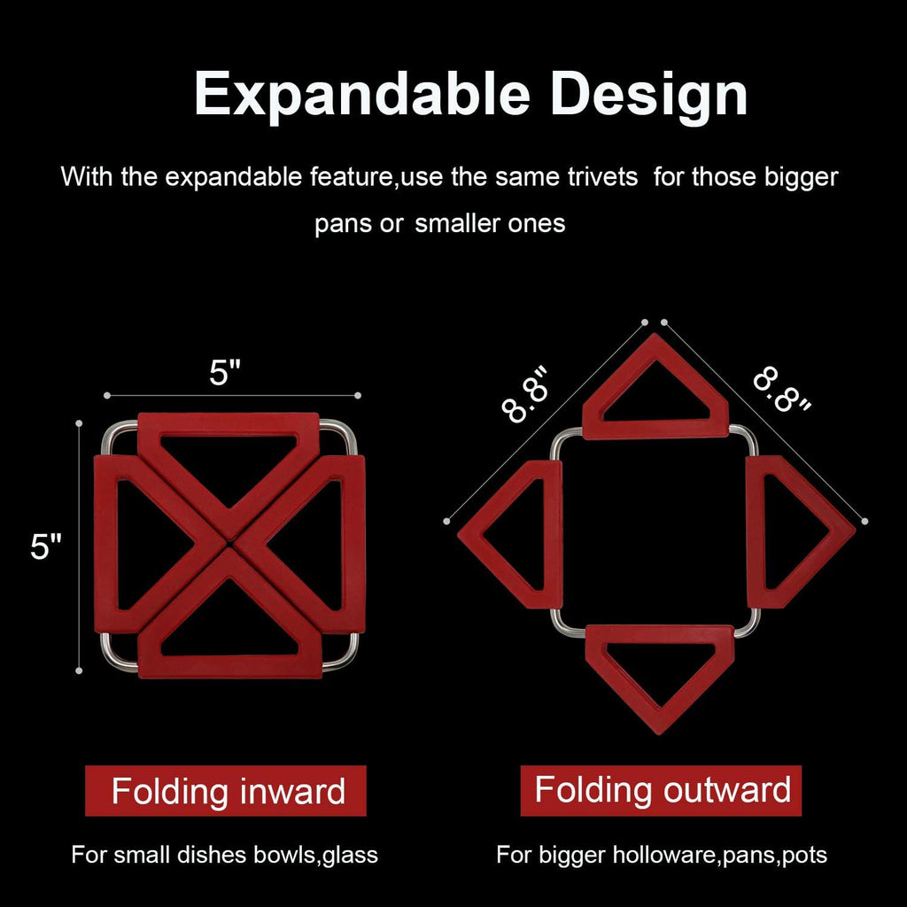 Silicone Trivet Mat Expandable Hot Pot Holder with Stainless Steel Frame Kitchen Heat Resistant Insulated - Set of 5